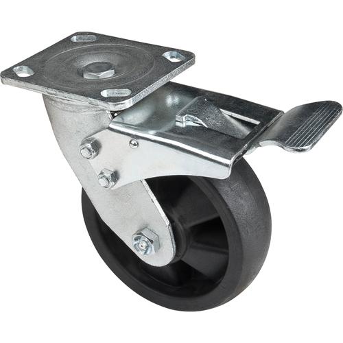 Hi-Temp Caster - 6" (152.4 mm), 880 lbs. (399 kg.), Nylon, Swivel with Brake, Steel, 1-3/4" (44.5 mm), 2-5/8" x 3-5/8" (66.67 mm x 92.07 mm) - 3" x 3" (76.2 mm x 76.2 mm), 7/16" (11 mm), 4" x 4-1/2" (102 mm x 114 mm)