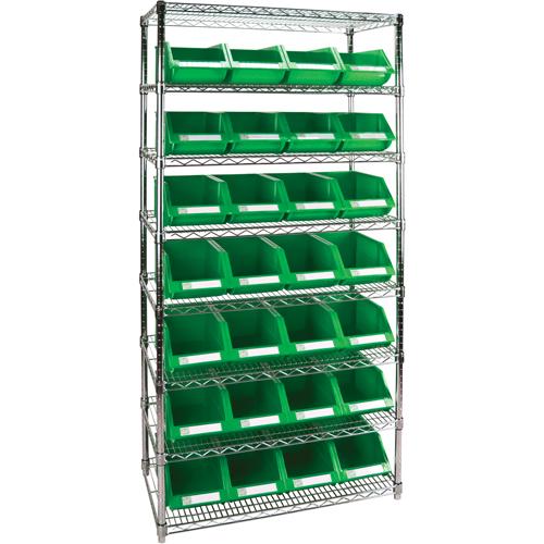 Heavy-Duty Wire Shelving Unit with Storage Bins - Starter, 800 lbs., 2000 lbs., 8, 36", 14", 18", 24", 74", 8 3/16 x 14 x 6 3/16, 28, Green, 1 Year Limited
