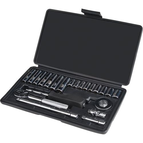 Socket Set - 1/4", Hand/Standard, Deep, 22, (9) Standard Sockets - 3/16", 7/32", 1/4", 9/32", 5/16", 11/32", 3/8", 7/16", (7) Deep Sockets - 1/4", 9/32", 5/16", 11/32", 3/8", 7/16", 1/2"; (1) 1/4" Drive quick-release ratchet; (1) 1/4" Drive plastic handle driver; (1) Palm ratchet; (1) Universal joint; (1) 2" Extension; (1) 6" Extension