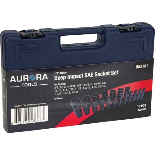 SAE Socket Set - 1/2", Impact, Deep, 19, 6, 3/8"; 7/16"; 1/2"; 9/16"; 5/8"; 11/16"; 3/4"; 13/16"; 7/8"; 15/16"; 1"; 1-1/16"; 1-1/8"; 1-3/16"; 1-1/4"; 1-5/16"; 1-3/8"; 1-7/16"; 1-1/2"