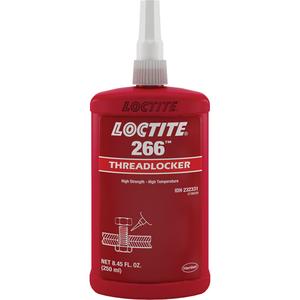 266 Threadlocker - 250 ml, Bottle, High, 10 min., 24 hrs., Red, 265 lbs. / 75 lbs.