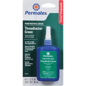 Penetrating Grade Threadlocker - 36 ml, Bottle, Low, 3 min., 24 hrs., Green, 65 in. lb. / 225 in. lb.