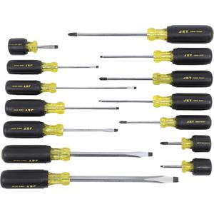 JKS-14S Cushion Grip Screwdriver Set - 14 Pcs., Non Magnetic, 3/16" x 3", 3/16" x 6" (Cabinet Tips); #1 x 3", #2 x 1-1/2", #2 x 4", #3 x 6" (Phillips); #1 x 4", #2 x 1-1/2" #2 x 4", #3 x 4" (Square); #1 x 4"
