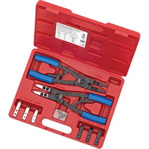 SRP-10S Heavy-Duty Ratcheting Snap Ring Pliers Set - 10, 1-1/2” – 3-3/4”, 2-7/16” – 4”, (1) External Plier; (1) Internal Plier; (16) Chrome Molybdenum Tips - 0°; 15°; 45°; 90° x .108"/.120"; (6) Spare Screws; (1) Carrying Case