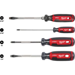 Cushion Grip Screwdriver Set - 4 Pcs., Non Magnetic, (1) #2 Phillips 4" Cushion Grip Screwdriver; (1) 1/4" Slotted 4" Cushion Grip Screwdriver; (1) 5/16" Slotted 6" Cushion Grip Screwdriver; (1) 3/16" Cabinet 6" Cushion Grip Screwdriver