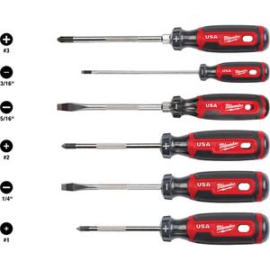 Cushion Grip Screwdriver Set - 6 Pcs., Non Magnetic, (1) #1 Phillips 3" Cushion Grip Screwdriver; (1) #2 Phillips 4" Cushion Grip Screwdriver; (1) #3 Phillips 6" Cushion Grip Screwdriver; (1) 1/4" Slotted 4" Cushion Grip Screwdriver; (1) 5/16" Slotted 6" Cushion Grip Screwdriver; (1) 3/16" Cabinet 6" Cushion Grip Screwdriver