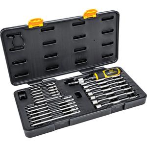20 Pc. 1/4" Drive Torque Screwdriver Set - 10 - 50 in. lbs., 16", '+/- 6% CW, (7) 1/4"-1/2" Long nutdrivers; (4) #1 & #2 Phillips® bits; (4) 1/4" & 3/16" Slotted bits; (4) #1 & #2 Square drive bits; (1) Quick release 1/4" bit holder; (1) Blow mold case