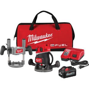 M18 Fuel™ 1/2" Router Multi-Base Kit - (1) M18 Fuel™ 1/2" Router Console; (1) Fixed Base; (1) Plunge Base; (1) M18™ RedLithium™ High Output™  XC6.0 Battery Pack; (1) M18™ & M12™ Rapid Charger; (1) 1/2" Collet; (1) 1/4" Collet; (1) 6" Standard Sub-Base Plate; (1) 6" Template Sub-Base Plate; (1) Dust Shroud; (1) Universal Hose Adapter; (1) Straight Edge Guide; (2) 1-1/16" Wrenches; (1) Contractor Bag