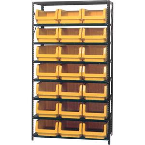 Shelving Unit with Stacking Bins - Starter, 8, 650 lbs., Steel, 42", 18", 76", Boltless, Open, 21, Yellow, 12-3/8" W x 19-3/4" D x 7-7/8" H, Grey Enamel