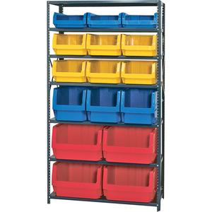 Shelving Unit with Stacking Bins - Starter, 7, 650 lbs., Steel, 42", 18", 76", Boltless, Open, 16, Assorted, 12.375" W x 19.75" D x 5.875" H, 12.375" W x 19.75" D x 7.875" H