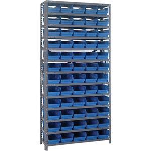 Storage Shelf Unit with Bins - Starter, 13, 800 lbs., Steel, 36", 12", 76", Boltless, Open, 144 lbs., Grey Enamel, Blue, 30 lbs.