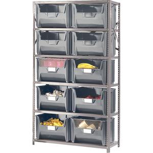 Shelving Unit with Stacking Bins - Starter, 6, 650 lbs., Steel, 42", 18", 75", Boltless, Open, 10, Grey, 19-7/8" W x 15-1/4" D x 12-7/16" H