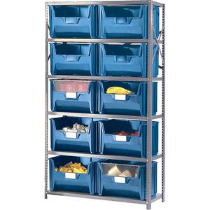 Shelving Unit with Stacking Bins - Starter, 6, 650 lbs., Steel, 42", 18", 75", Boltless, Open, 10, Blue, 19-7/8" W x 15-1/4" D x 12-7/16" H, Grey Enamel