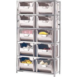 Shelving Unit with Stacking Bins - Starter, 6, 650 lbs., Enamel, 42", 18", 76", Boltless, Open, 10, Ivory, 19-7/8" W x 15-1/4" D x 12-7/16" H, Grey Enamel