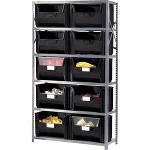 Shelving Unit with Stacking Bins - Starter, 6, 650 lbs., Enamel, 42", 18", 76", Boltless, Open, 10, Black, 19-7/8" W x 15-1/4" D x 12-7/16" H, Grey Enamel
