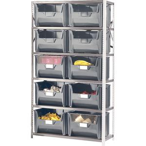 Shelving Unit with Stacking Bins - Add-On, 6, 650 lbs., Enamel, 42", 18", 76", Boltless, Open, 10, Grey, 19-7/8" W x 15-1/4" D x 12-7/16" H, Grey Enamel