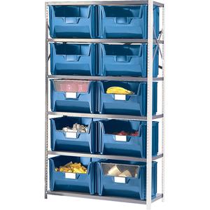 Shelving Unit with Stacking Bins - Add-On, 6, 650 lbs., Enamel, 42", 18", 76", Boltless, Open, 10, Blue, 19-7/8" W x 15-1/4" D x 12-7/16" H, Grey Enamel