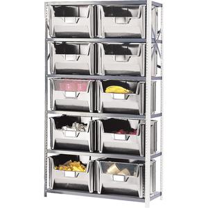 Shelving Unit with Stacking Bins - Add-On, 6, 650 lbs., Enamel, 42", 18", 76", Boltless, Open, 10, Ivory, 19-7/8" W x 15-1/4" D x 12-7/16" H, Grey Enamel