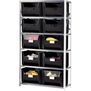 Shelving Unit with Stacking Bins - Add-On, 6, 650 lbs., Enamel, 42", 18", 76", Boltless, Open, 10, Black, 19-7/8" W x 15-1/4" D x 12-7/16" H, Grey Enamel
