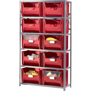 Shelving Unit with Stacking Bins - Starter, 6, 650 lbs., Enamel, 42", 18", 75", Boltless, Open, 10, Red, 19-7/8" W x 15-1/4" D x 12-7/16" H, Grey Enamel