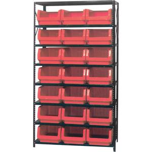 Shelving Unit with Stacking Bins - Starter, 8, 650 lbs., Steel, 42", 18", 76", Boltless, Open, 21, Red, 12-3/8" W x 19-3/4" D x 7-7/8" H, Grey Enamel