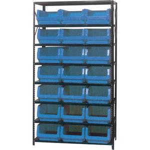 Shelving Unit with Stacking Bins - Starter, 8, 650 lbs., Steel, 42", 18", 76", Boltless, Open, 21, Blue, 12-3/8" W x 19-3/4" D x 7-7/8" H, Grey Enamel