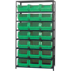 Shelving Unit with Stacking Bins - Starter, 8, 650 lbs., Steel, 42", 18", 76", Boltless, Open, 21, Green, 12-3/8" W x 19-3/4" D x 7-7/8" H, Grey Enamel