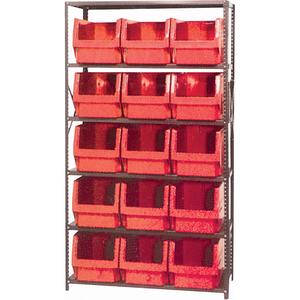 Shelving Unit with Stacking Bins - Starter, 6, 650 lbs., Steel, 42", 18", 76", Boltless, Open, 15, Red, 12-3/8" W x 19-3/4" D x 11-7/8" H, Grey Enamel