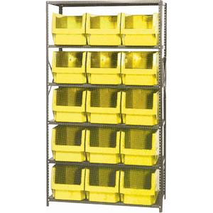 Shelving Unit with Stacking Bins - Starter, 6, 650 lbs., Steel, 42", 18", 76", Boltless, Open, 15, Yellow, 12-3/8" W x 19-3/4" D x 11-7/8" H, Grey Enamel