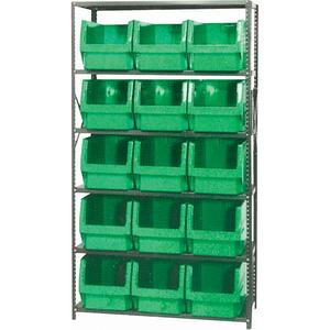 Shelving Unit with Stacking Bins - Starter, 6, 650 lbs., Steel, 42", 18", 76", Boltless, Open, 15, Green, 12-3/8" W x 19-3/4" D x 11-7/8" H, Grey Enamel