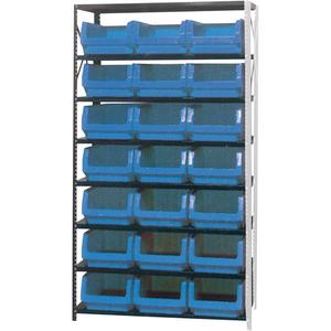 Shelving Unit with Stacking Bins - Add-On, 8, 650 lbs., Steel, 42", 18", 76", Boltless, Open, 21, Blue, 12-3/8" W x 19-3/4" D x 7-7/8" H, Grey Enamel