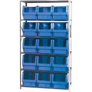 Shelving Unit with Stacking Bins - Add-On, 6, 650 lbs., Steel, 42", 18", 76", Boltless, Open, 15, Blue, 12-3/8" W x 19-3/4" D x 11-7/8" H, Grey Enamel
