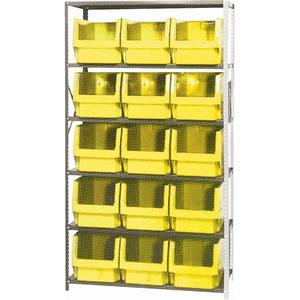 Shelving Unit with Stacking Bins - Add-On, 6, 650 lbs., Steel, 42", 18", 76", Boltless, Open, 15, Yellow, 12-3/8" W x 19-3/4" D x 11-7/8" H, Grey Enamel