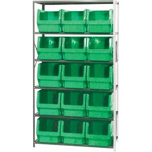 Shelving Unit with Stacking Bins - Add-On, 6, 650 lbs., Steel, 42", 18", 76", Boltless, Open, 15, Green, 12-3/8" W x 19-3/4" D x 11-7/8" H, Grey Enamel