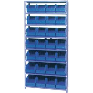 Storage Shelf Unit with Euro Drawer Bins - Starter, 8, 800 lbs., Steel, 36", 12", 76", Boltless, Open, 28, Blue, 8-1/4" W x 10-3/4" D x 7" H, Grey Enamel