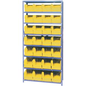 Storage Shelf Unit with Euro Drawer Bins - Starter, 8, 800 lbs., Steel, 36", 12", 76", Boltless, Open, 28, Yellow, 8-1/4" W x 10-3/4" D x 7" H, Grey Enamel
