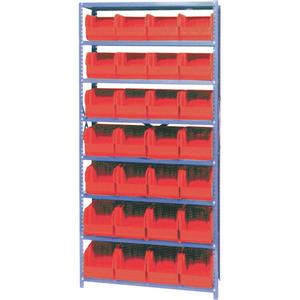 Storage Shelf Unit with Euro Drawer Bins - Starter, 8, 800 lbs., Steel, 36", 12", 76", Boltless, Open, 28, Red, 8-1/4" W x 10-3/4" D x 7" H, Grey Enamel