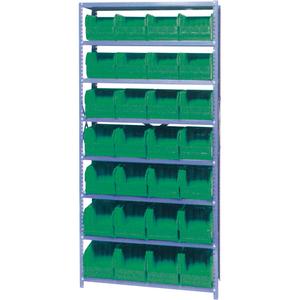 Storage Shelf Unit with Euro Drawer Bins - Starter, 8, 800 lbs., Steel, 36", 12", 76", Boltless, Open, 28, Green, 8-1/4" W x 10-3/4" D x 7" H, Grey Enamel