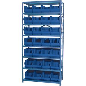 Storage Shelf Unit with Euro Drawer Bins - Starter, 8, 800 lbs., Steel, 36", 12", 76", Boltless, Open, 28, Blue, 8-1/4" W x 14-3/4" D x 7" H, Grey Enamel