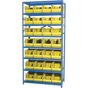 Storage Shelf Unit with Euro Drawer Bins - Starter, 8, 800 lbs., Steel, 36", 12", 76", Boltless, Open, 28, Yellow, 8-1/4" W x 14-3/4" D x 7" H, Grey Enamel
