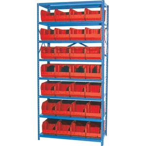 Storage Shelf Unit with Euro Drawer Bins - Starter, 8, 800 lbs., Steel, 36", 12", 76", Boltless, Open, 28, Red, 8-1/4" W x 14-3/4" D x 7" H, Grey Enamel