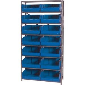Storage Shelf Unit with Euro Drawer Bins - Starter, 8, 800 lbs., Steel, 36", 12", 76", Boltless, Open, 14, Blue, 16-1/2" W x 14-3/4" D x 7" H, Grey Enamel