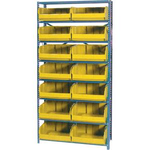 Storage Shelf Unit with Euro Drawer Bins - Starter, 8, 800 lbs., Steel, 36", 12", 76", Boltless, Open, 14, Yellow, 16-1/2" W x 14-3/4" D x 7" H, Grey Enamel