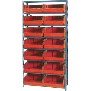 Storage Shelf Unit with Euro Drawer Bins - Starter, 8, 800 lbs., Steel, 36", 12", 76", Boltless, Open, 14, Red, 16-1/2" W x 14-3/4" D x 7" H, Grey Enamel