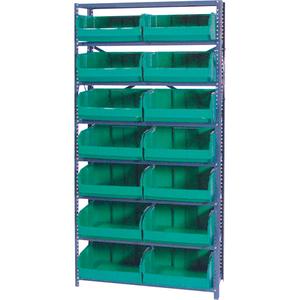 Storage Shelf Unit with Euro Drawer Bins - Starter, 8, 800 lbs., Steel, 36", 12", 76", Boltless, Open, 14, Green, 16-1/2" W x 14-3/4" D x 7" H, Grey Enamel