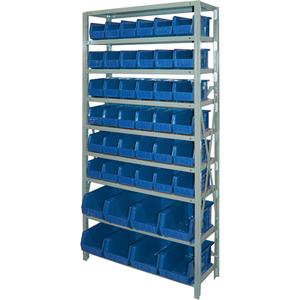 Storage Shelf Unit with Stacking Bins - Starter, 9, 800 lbs., Steel, 36", 12", 76", Boltless, Open, 44, Blue, 14-3/4" L x 8-1/4" W x 7" H, 11" L x 5-1/2" W x 5" H
