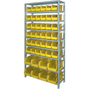 Storage Shelf Unit with Stacking Bins - Starter, 9, 800 lbs., Steel, 36", 12", 76", Boltless, Open, 44, Yellow, 14-3/4" L x 8-1/4" W x 7" H, 11" L x 5-1/2" W x 5" H