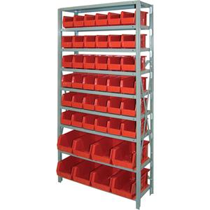 Storage Shelf Unit with Stacking Bins - Starter, 9, 800 lbs., Steel, 36", 12", 76", Boltless, Open, 44, Red, 14-3/4" L x 8-1/4" W x 7" H, 11" L x 5-1/2" W x 5" H