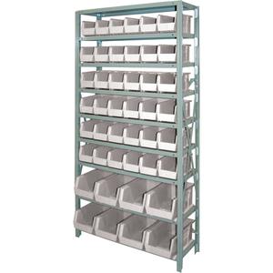 Storage Shelf Unit with Stacking Bins - Starter, 9, 800 lbs., Steel, 36", 12", 76", Boltless, Open, 44, Ivory, 14-3/4" L x 8-1/4" W x 7" H, 11" L x 5-1/2" W x 5" H