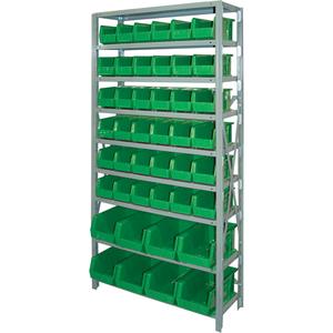 Storage Shelf Unit with Stacking Bins - Starter, 9, 800 lbs., Steel, 36", 12", 76", Boltless, Open, 44, Green, 14-3/4" L x 8-1/4" W x 7" H, 11" L x 5-1/2" W x 5" H
